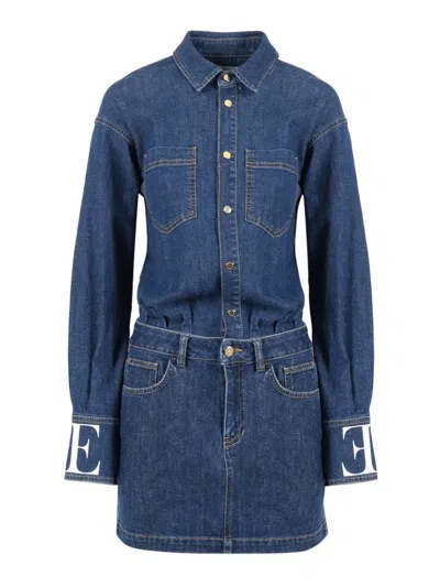 Elisabetta Franchi Shirt-style Denim Dress With Contrast Stitching In Blue