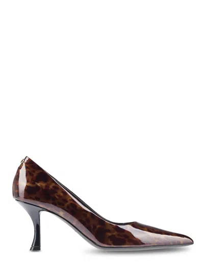 Ferragamo Pointed Toe Patent Pumps With Tortoiseshell Pattern In Brown