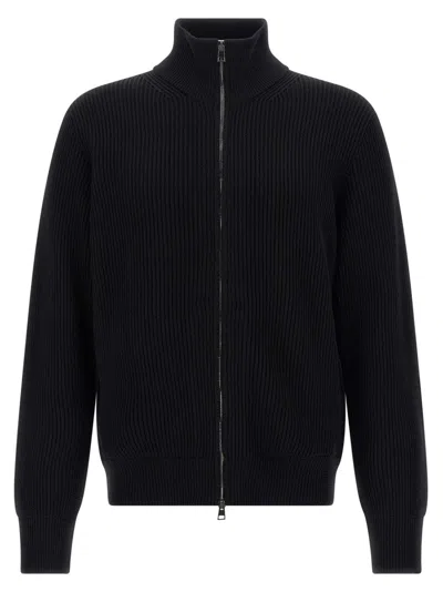Roberto Collina Textured Cardigan With High Collar And Cuffs In Black