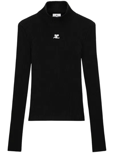 Courrèges Ribbed Long-sleeved Jumper With Minimalist Logo Detail In Black