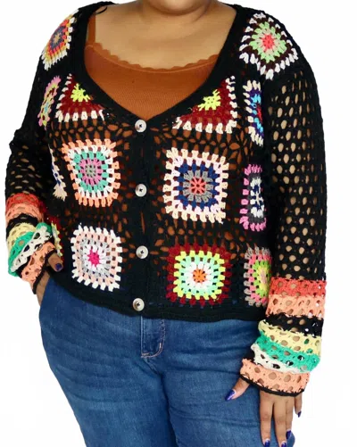 Adora Electric Garden Crochet Cardigan - Plus In Black In Black