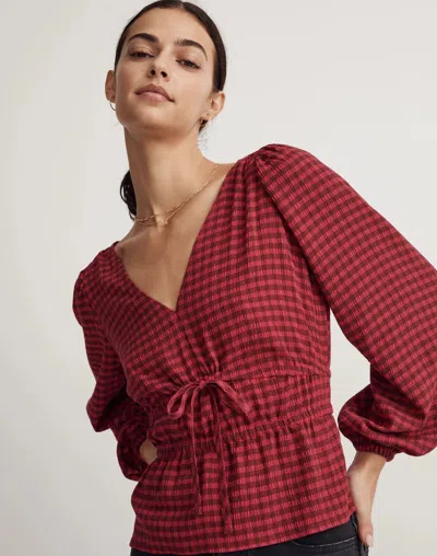 Madewell Saffi Peplum Top Wpmen's Drapey Crinkle Plaid Stretch Smoked Jdm608 In Red
