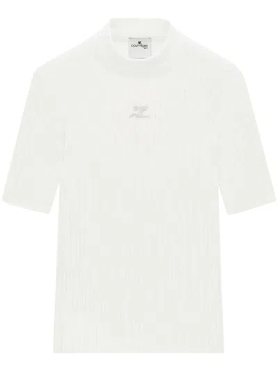 Courrèges Ribbed High Neck Short-sleeved Jumper With Subtle Logo Detail In Neutral