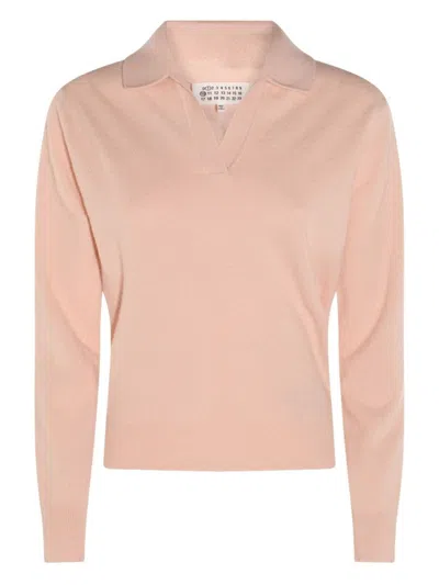 Maison Margiela Light Pink Wool Polo Shirt With Open Collar And Ribbed Edges In Burgundy