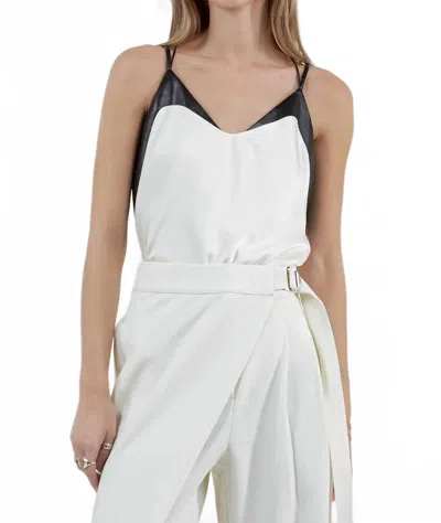 Whiteroom+cactus Contrast Leather Detailed Satin Top In Ivory In White