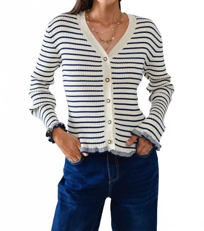 Q2 Striped Cardigan In Cream With Ruffle Trim In White In White