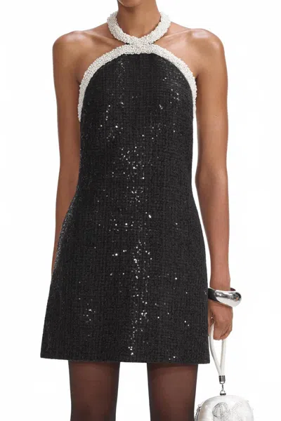 Self-portrait Boucle Pearl Trim Mini Dress In Black In Black