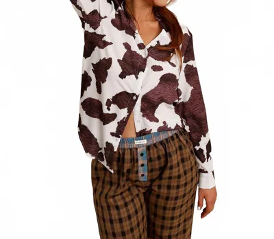 Sundayup Maribelle Cow Print Button Up Shirt In White/brown In Brown