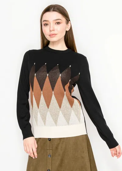 Yal New York Black Sweater With Brown And Cream Diamond Pattern In Multi