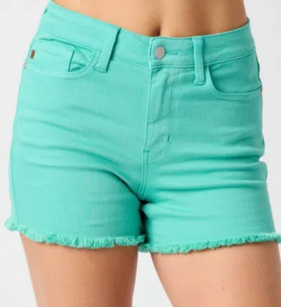 Judy Blue Mid Rise Garment Dyed Fray Hem Denim Short In Green In Blue