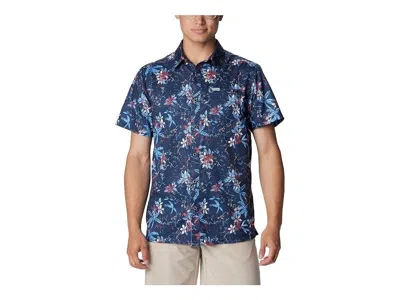 Columbia Super Slack Tide Camp Shirt Men's Navy Short Sleeve Button Up Fts886 In Blue