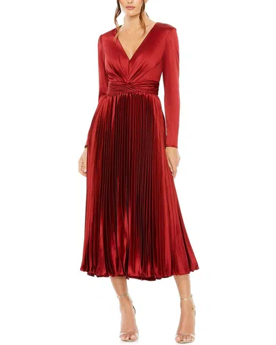 Mac Duggal Pleated Long Sleeve V-neck Dress In Red