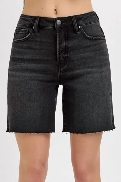 Risen Tummy Control High Rise Mid Length Raw Cut Hem Shorts - Plus In Black In Black