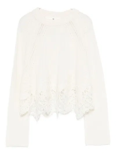 Ermanno Scervino Cropped Cashmere Sweater Lace Hem In White
