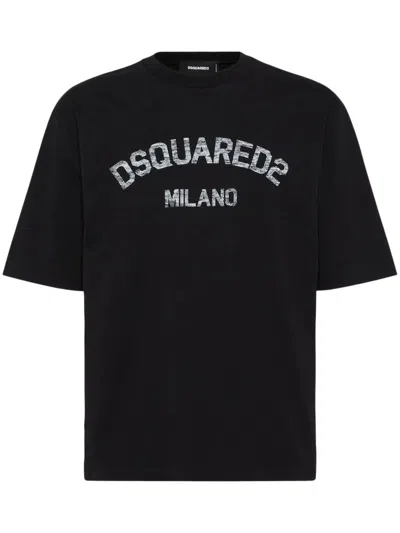 Dsquared2 Loose Fit Black Cotton T-shirt With Vintage Logo In Black