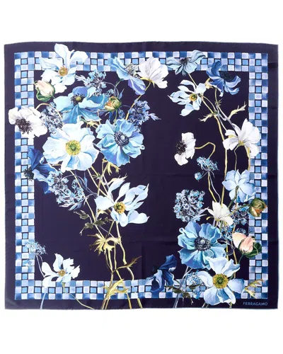 Ferragamo Fiori Print Silk Scarf In Blue