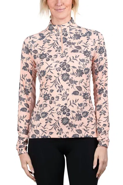 Kastel Denmark 1/4 Zip Long Sleeve Top In Jacobean Peach Floral In Pink