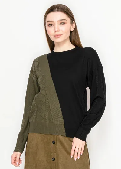 Yal New York Colorblock Knit Sweater With Cable Detail In Green