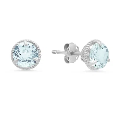 Maxcolor 14k White Gold Roped Halo Gemstone Round Stud Earrings For Women 6mm In Blue