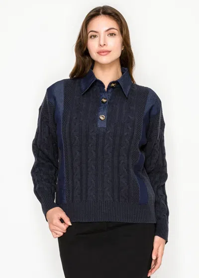 Yal New York Navy Mixed-texture Sweater With Button Collar In Blue