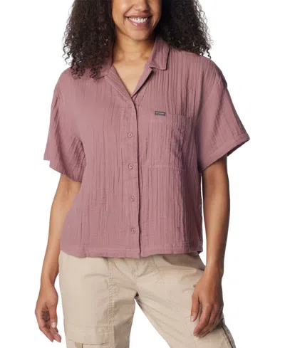 Columbia Holly Hideaway Breezy Shirt Top Womenspurple Cotton Button Up Fts615 In Pink