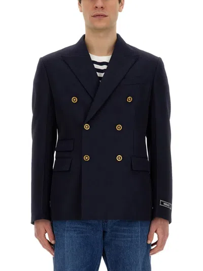 Versace Grain De Poudre Wool Blazer In Blue