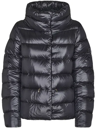Herno Puffy Black Coat With Glossy Finish And High Collar In Blue