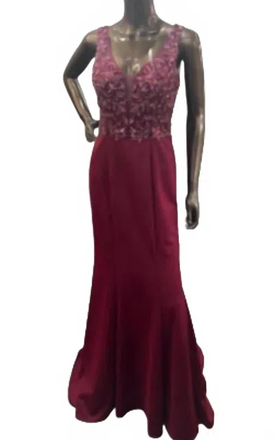 Lucci Lu Beaded Mesh Bodice Gown In Cherry In Red