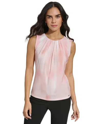 Calvin Klein Tunic Top Womens Silver Pink Printed Pleat-neck Sleeveless Fts1102 In Pink