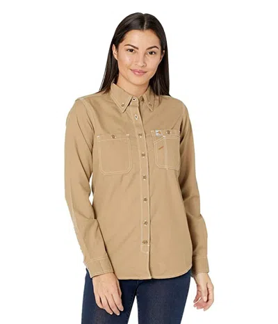 Carhartt Flame-resistant Force Shirt Womensbrown Relaxed Fit Button-up Gbo115 In Gold