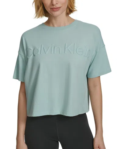 Calvin Klein T-shirt Women Blue Raised Logo Cropped Top Performance Fts622 In Blue