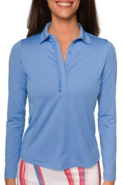 Golftini Long Sleeve Ruffle Polo Tee In Zoo Blue In Blue
