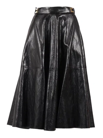 Elisabetta Franchi Crackled Leather-effect Synthetic Maxi Skirt With Flared Hem In Black