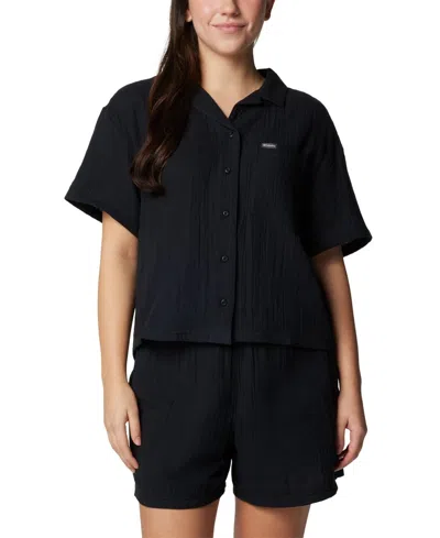 Columbia Holly Hideaway Breezy Shirt Top Womens Black Cotton Button Up Fts689 In Black