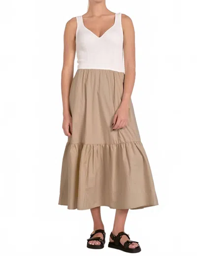 Elan Mixed Media Midi Tank Dress In Sand White Combo In Multi