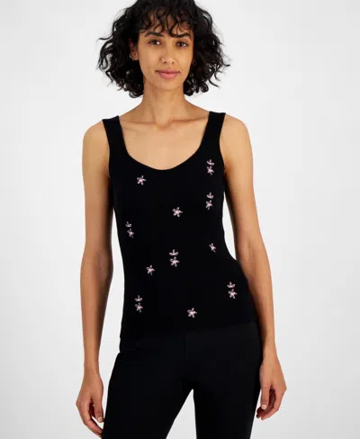 T Tahari Tank Top Women's Black Embroidered Sweetheart Neck Pullover Fts1324 In Black