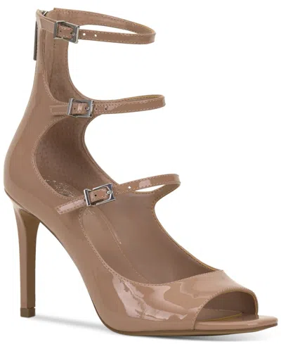Vince Camuto Annikah Buckle Strap Open Toe Pump In Brown