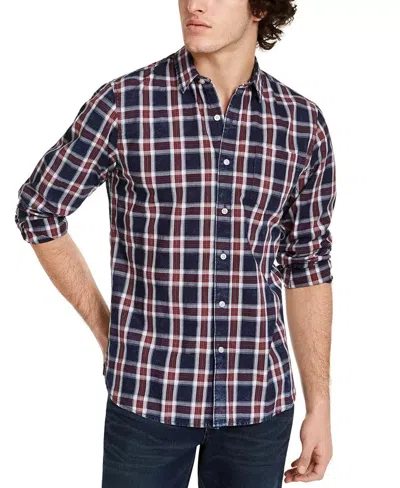 Sun + Stone Dio Shirts Men Navy Cotton Plaid Long Sleeve Casual Button Up Klss48 In Blue