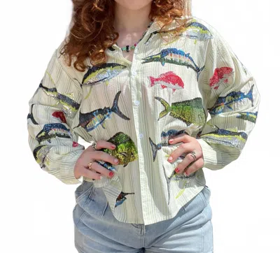 Queen Of Sparkles Multi Fish Collar Top In Green Stripe In Multi