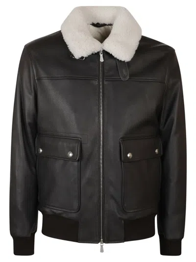 Eleventy Classic Brown Bomber Jacket With Shearling Collar In Black