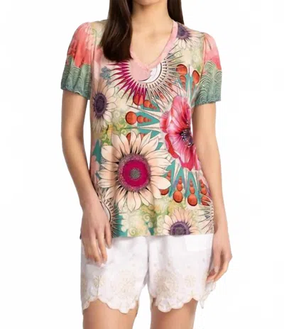 Johnny Was Janie Favorite V‑neck Puff Sleeve Tee In Emily In Multi
