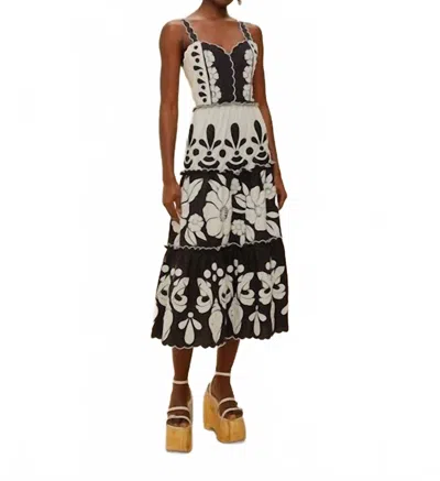 Farm Rio Summer Cutwork Organic Cotton Midi Dress In Black And White In White