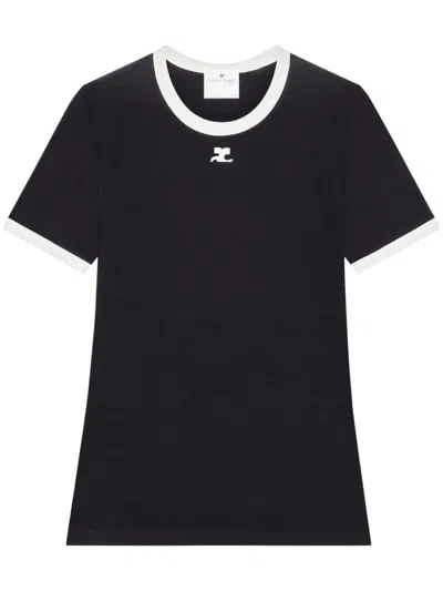 Courrèges Fitted Black T-shirt With Contrasting Trim And Embroidered Logo In Black