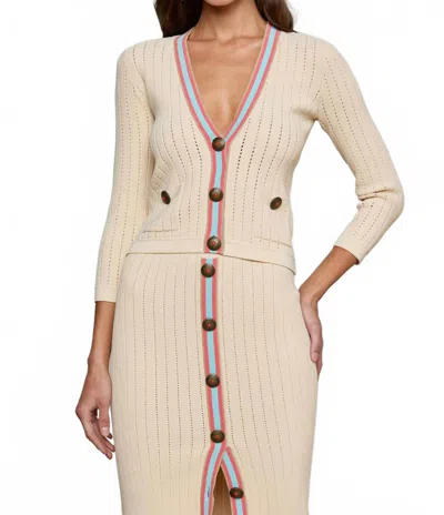 L Agence Irvin Pointelle Cropped Cardigan In Ecru And Blue In Multi