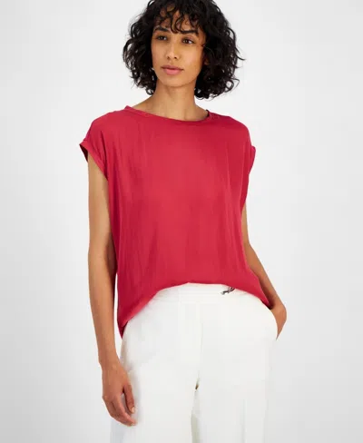 T Tahari Mixed Media Top Women Corsage Pink Drop Shoulder Pullover Fts1159 In Pink