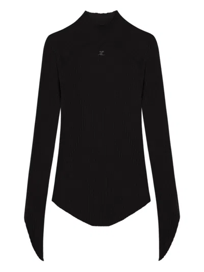 Courrèges Circle Rib Knit Mockneck Sweater With Embroidered Logo In Black