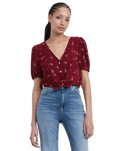 Tommy Hilfiger Tommy Jeans Blouse Womens Mountain Floral Short Sleeve Tie Front Cropped Fts1379 In Burgundy