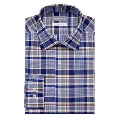 Michael Kors Dress Shirt Men's Brown Multi Button Up Collared Fts242 In Blue