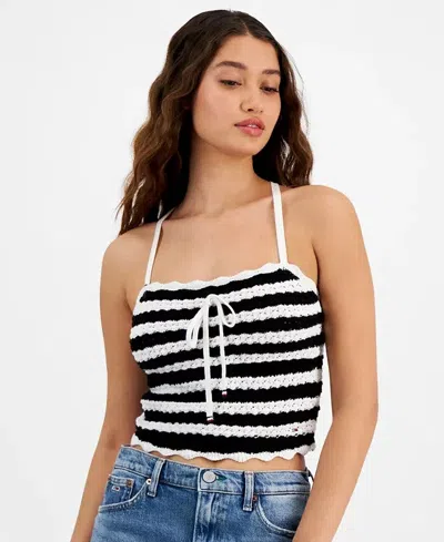 Tommy Hilfiger Tank Top Womensblack Striped Crochet Tie Front Cropped Fts1325 In Multi