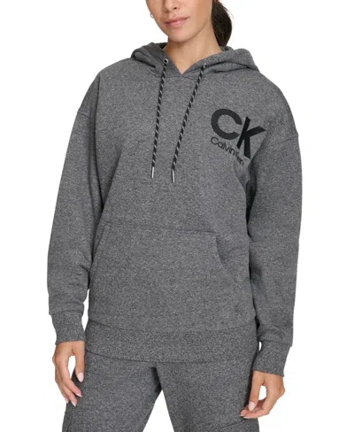 Calvin Klein Eco Hoodie Women's Black Heather Fleece Logo Pullover Fts427 In Gray